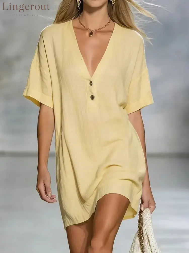 Effortless Chic Linen-Blend V-Neck Shirt Dress - Yellow / S