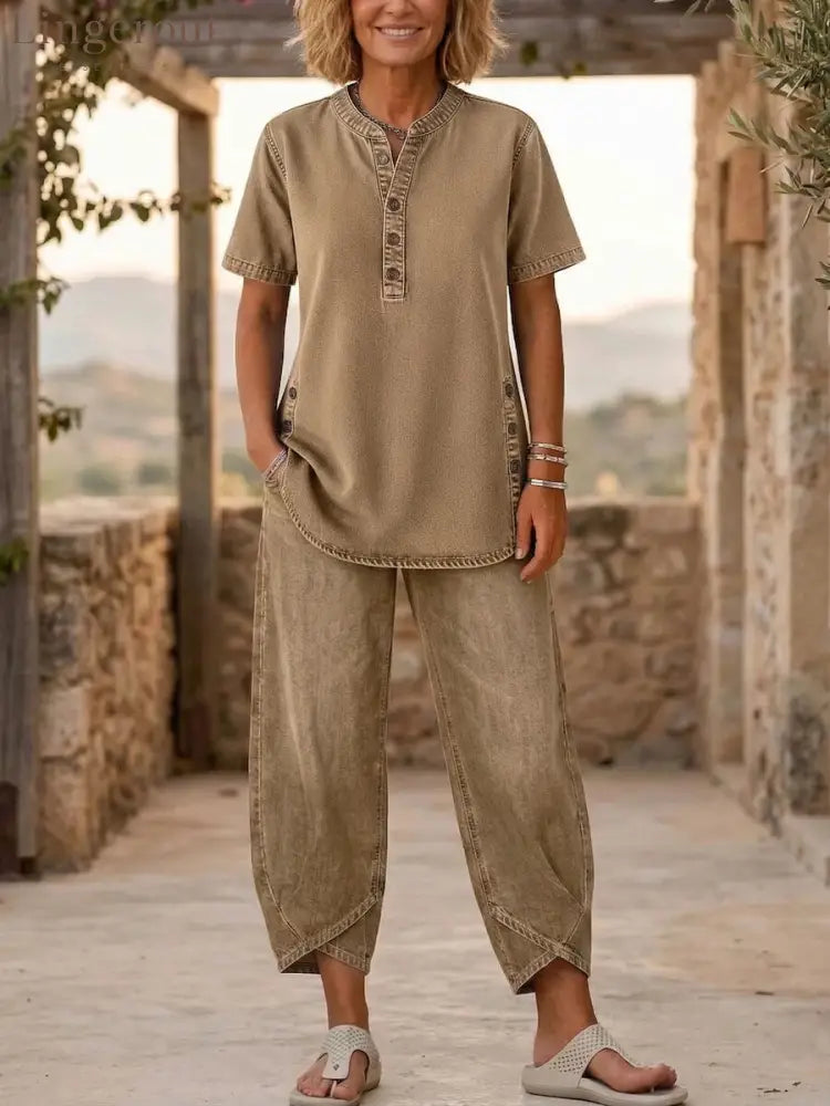 Effortless Denim Two-Piece Cozy Set - Khaki / XS