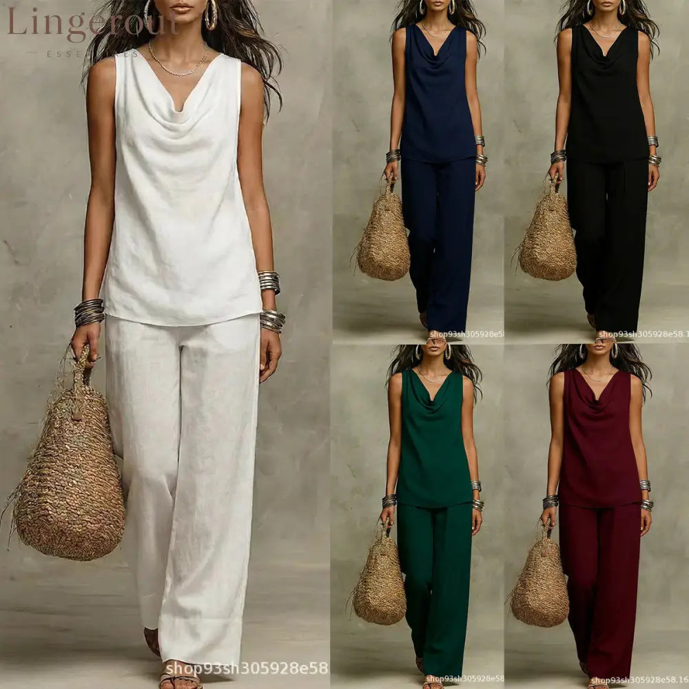 Effortless Drape Two-Piece Set - Sleeveless Cowl Neck Top & Wide Leg Pants