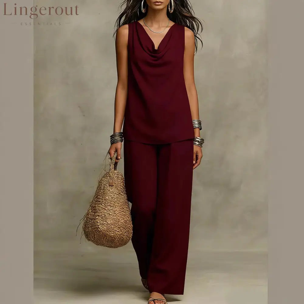 Effortless Drape Two-Piece Set - Sleeveless Cowl Neck Top & Wide Leg Pants