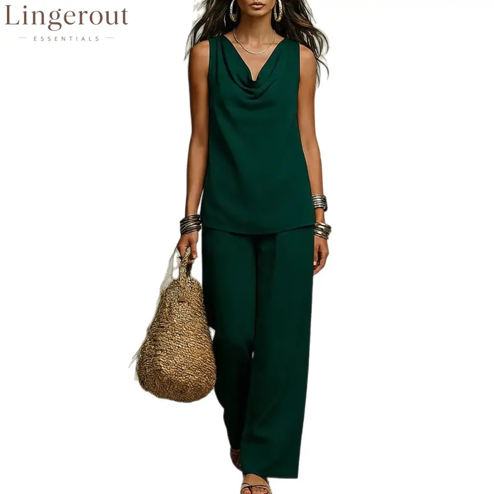 Effortless Drape Two-Piece Set - Sleeveless Cowl Neck Top & Wide Leg Pants