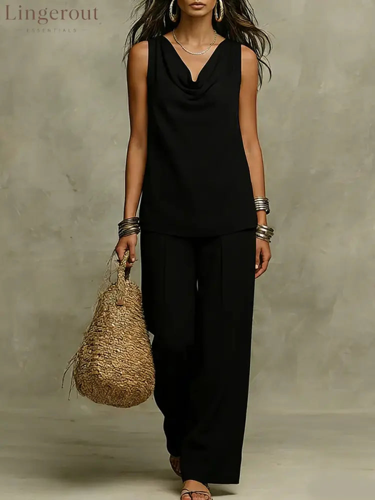 Effortless Drape Two-Piece Set - Sleeveless Cowl Neck Top & Wide Leg Pants - Black / S