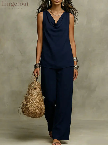 Effortless Drape Two-Piece Set - Sleeveless Cowl Neck Top & Wide Leg Pants - Navy blue / S