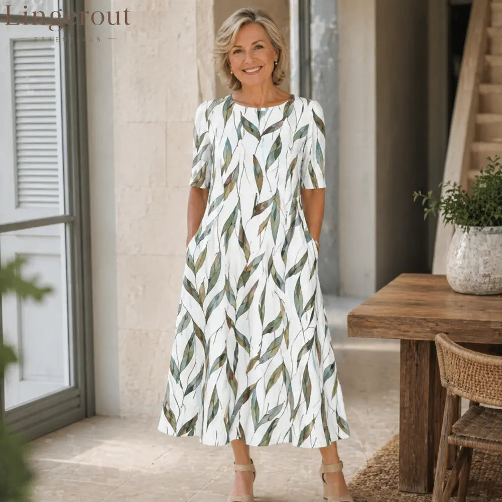 Effortless Floral Midi Dress - White/Green / S