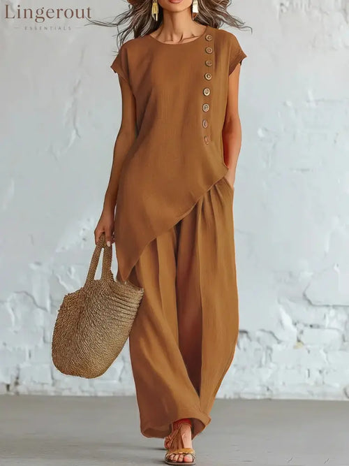 Effortless Linen-Blend 2-Piece Set | Relaxed Fit S-5XL - Caramel color / S