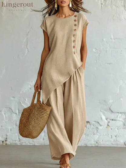 Effortless Linen-Blend 2-Piece Set | Relaxed Fit S-5XL - Khaki / S