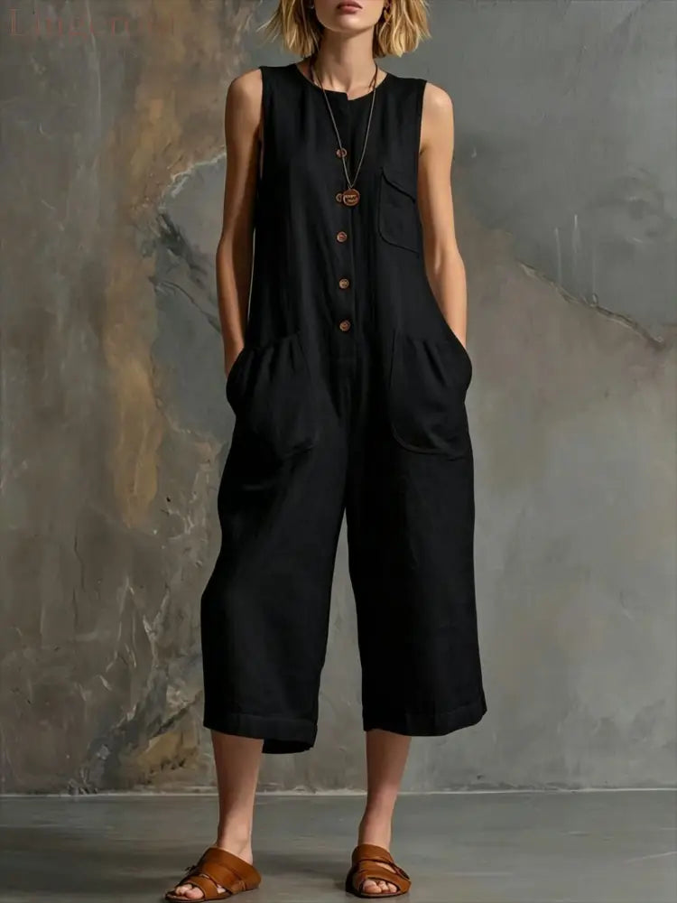 Effortless Linen Sleeveless Wide-Leg Jumpsuit - Black / S
