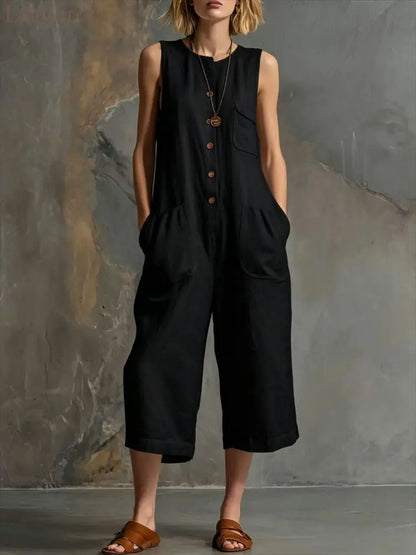 Effortless Linen Sleeveless Wide-Leg Jumpsuit - Black / S