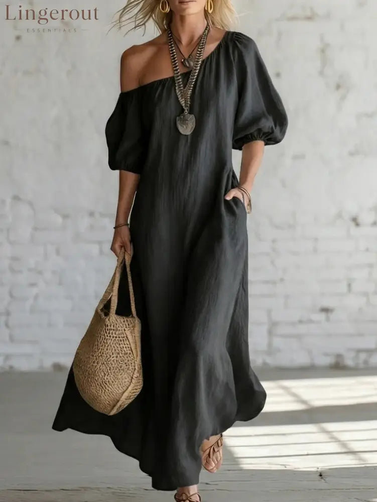 Effortless Off-Shoulder Linen-Blend Maxi Dress - Black / S