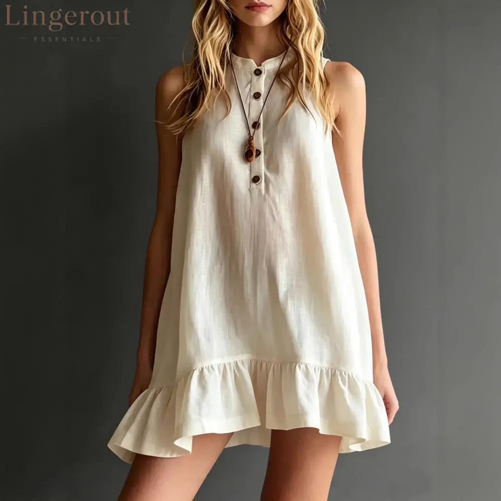 Effortless Sleeveless Ruffle Hem Shift Dress – Relaxed Linen Blend Style