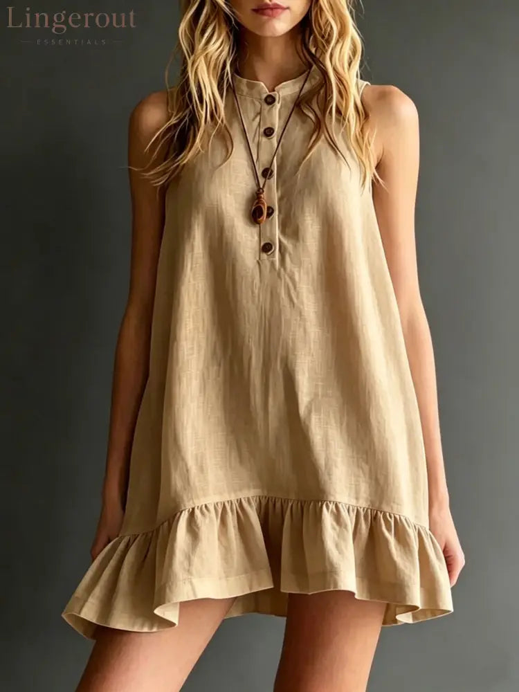 Effortless Sleeveless Ruffle Hem Shift Dress – Relaxed Linen Blend Style - Khaki / S