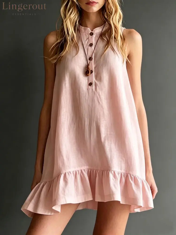 Effortless Sleeveless Ruffle Hem Shift Dress – Relaxed Linen Blend Style - Pink / S