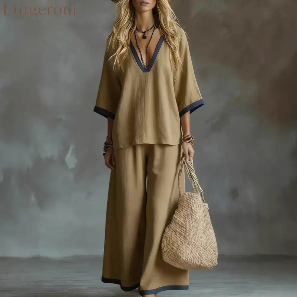 Effortless V-Neck Top & Wide-Leg Pants Two-Piece Set - Brown / S