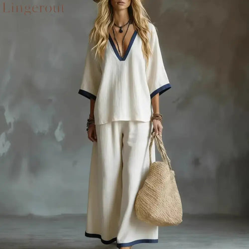 Effortless V-Neck Top & Wide-Leg Pants Two-Piece Set - White / S