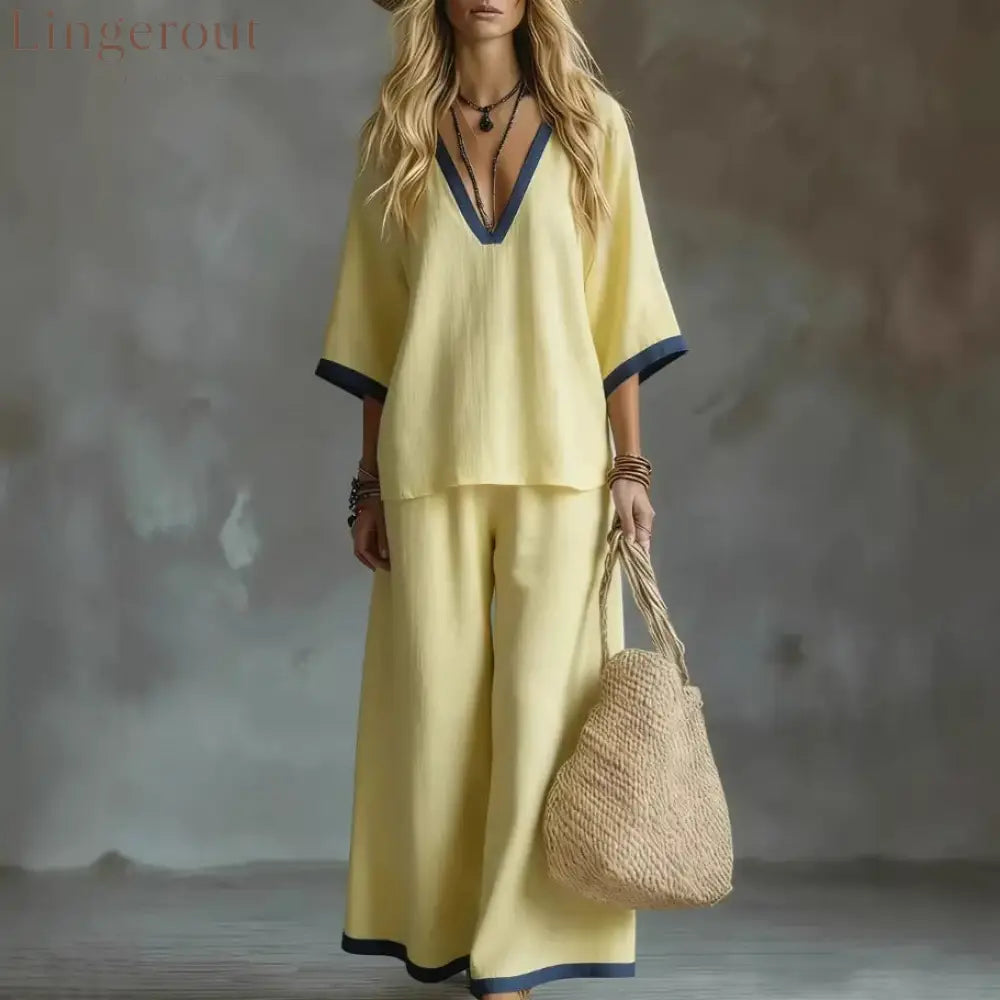 Effortless V-Neck Top & Wide-Leg Pants Two-Piece Set - Yellow / S