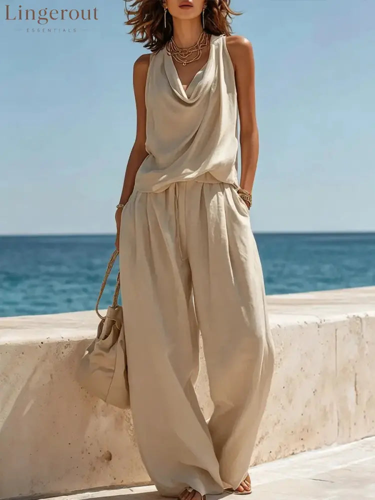 Effortless White Linen Two-Piece Set - Khaki / S