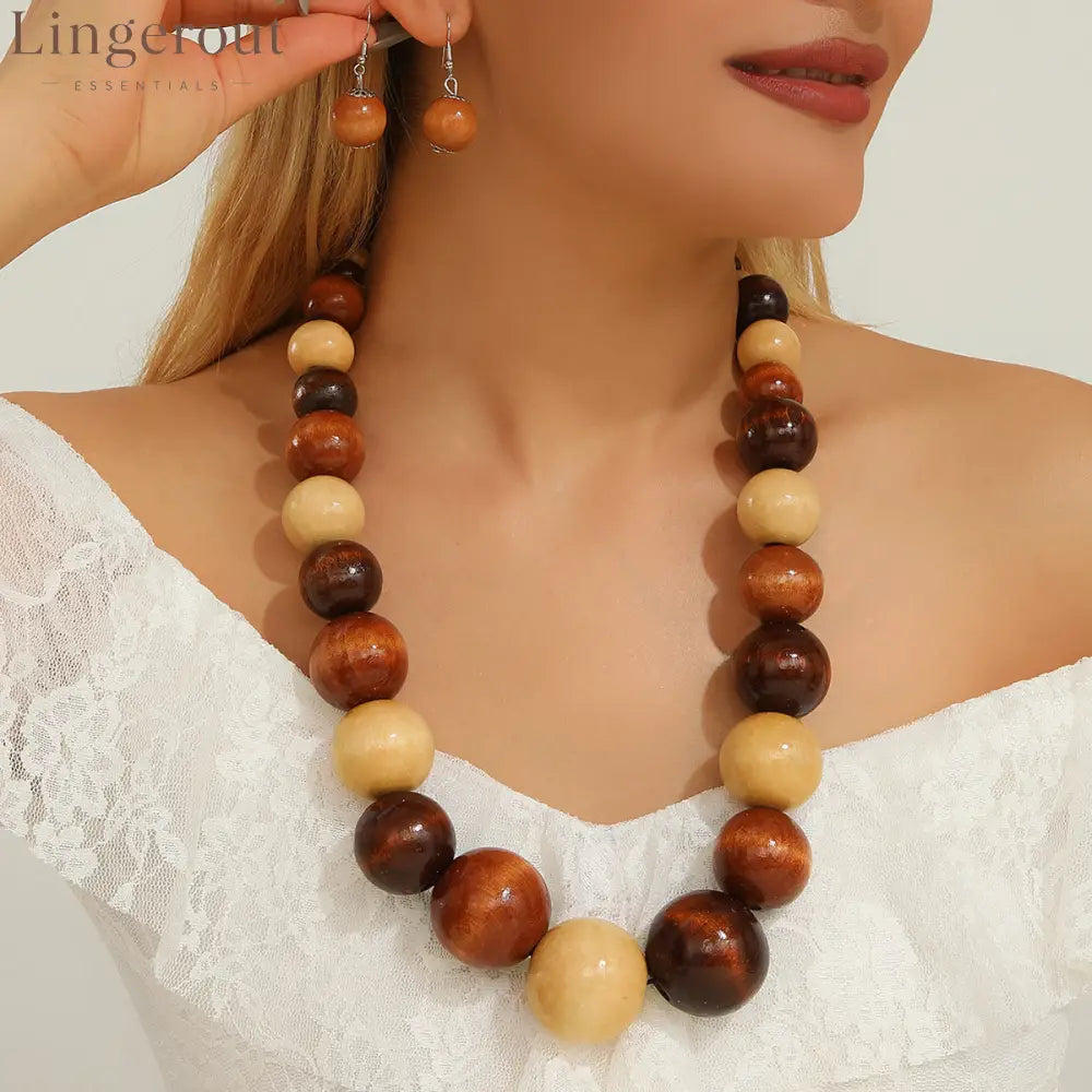 Effortlessly Everglades Teal Wood Bead Necklace - Mixed coffee color