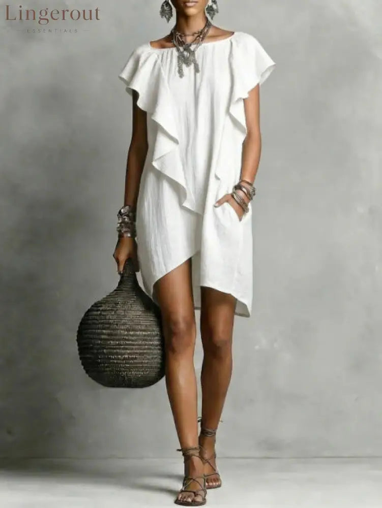 Elegant And Romantic Contrasting Color Ruffle Dress - White / S