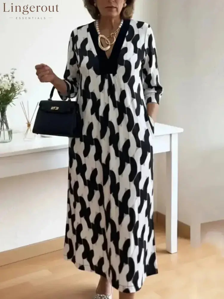 Elegant Art Print Color Block Trim V-neck Midi Dress - Black / S