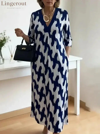 Elegant Art Print Color Block Trim V-neck Midi Dress - Blue / S