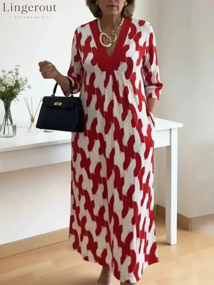 Elegant Art Print Color Block Trim V-neck Midi Dress - Red / S