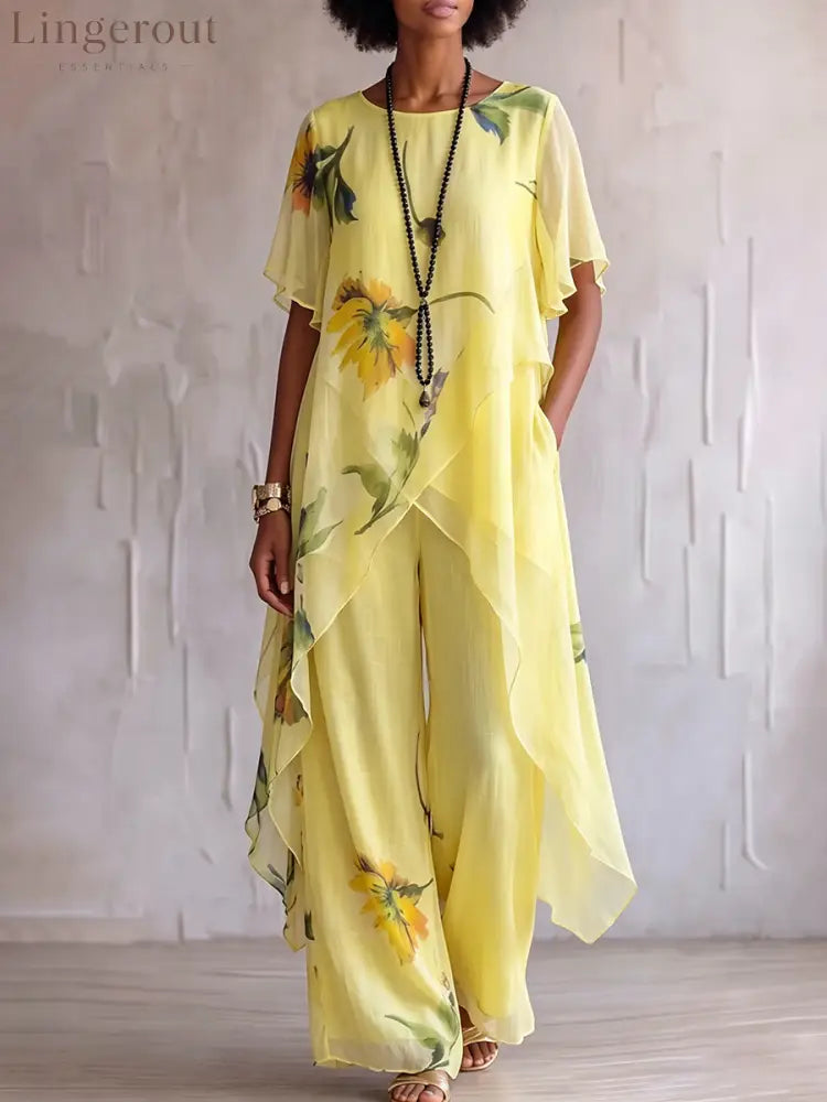 Elegant Artistic Sunflower Print Two-piece Set - Yellow / S