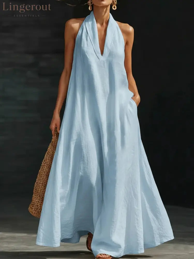 Elegant Black Halter Neck Maxi Dress – Casual Loose Cotton Linen Sundress with Pockets - Light blue / S