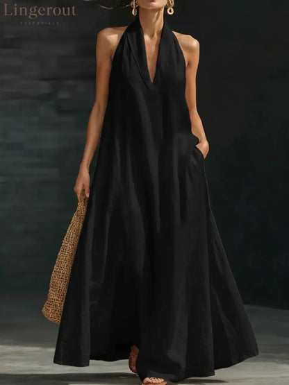 Elegant Black Halter Neck Maxi Dress – Casual Loose Cotton Linen Sundress with Pockets - Black / S
