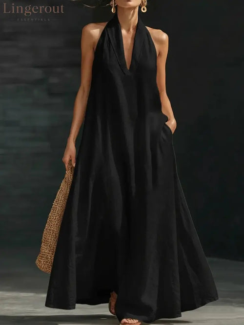 Elegant Black Halter Neck Maxi Dress – Casual Loose Cotton Linen Sundress with Pockets - Black / S