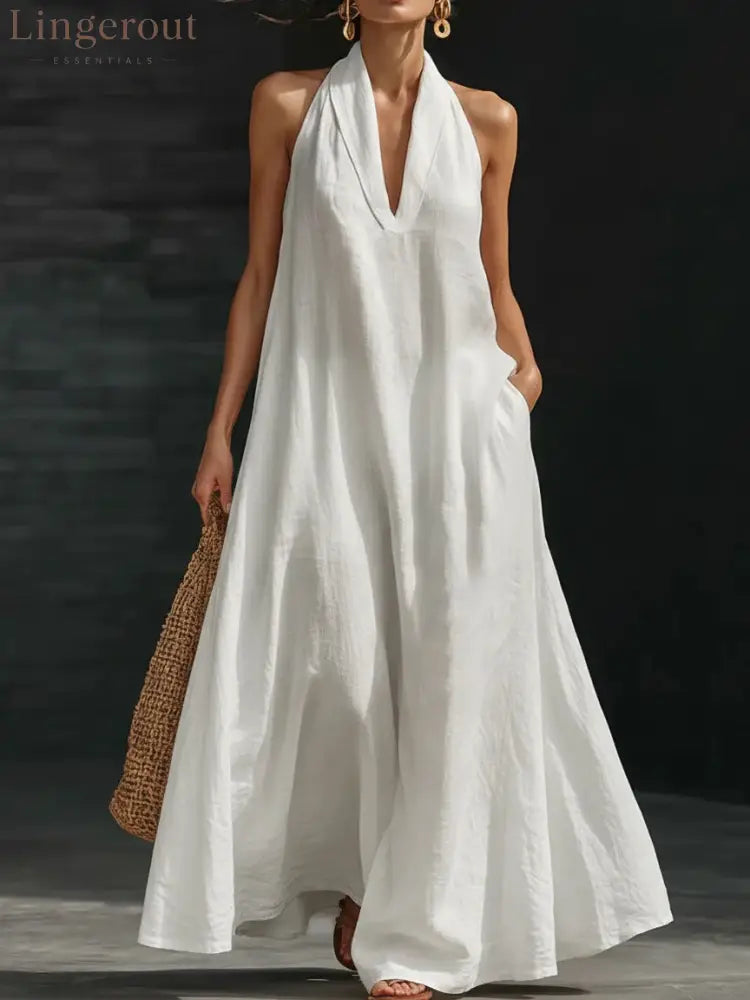 Elegant Black Halter Neck Maxi Dress – Casual Loose Cotton Linen Sundress with Pockets - White / S