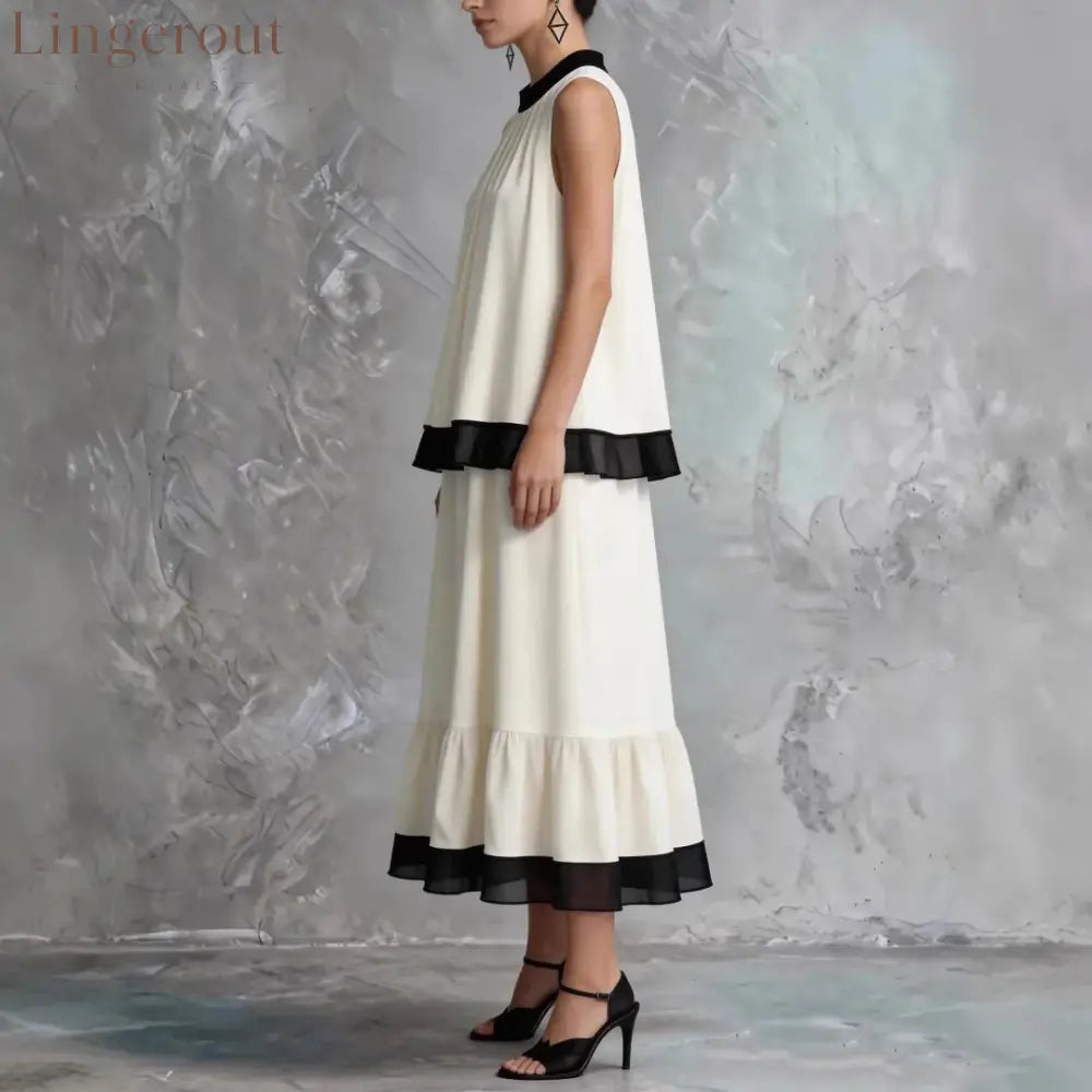 Elegant Black & White Tiered Two-Piece Maxi Set