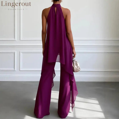 Elegant Deep Purple Chiffon Halter Neck Two-Piece Wide-Leg Pants Set