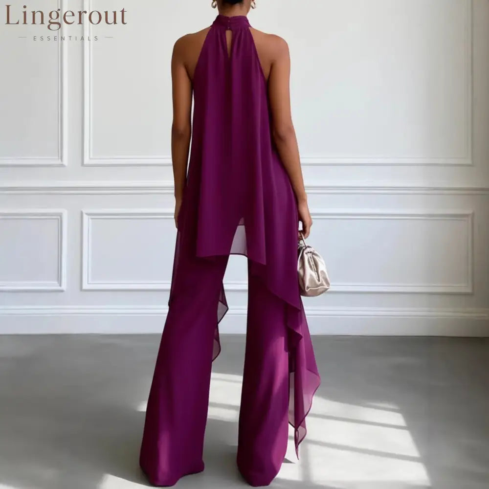 Elegant Deep Purple Chiffon Halter Neck Two-Piece Wide-Leg Pants Set