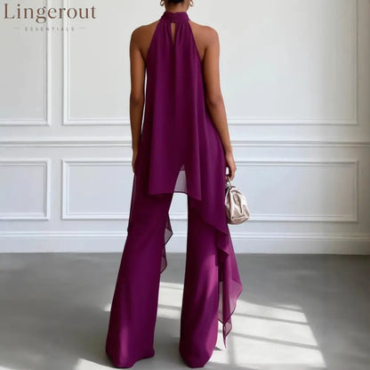 Elegant Deep Purple Chiffon Halter Neck Two-Piece Wide-Leg Pants Set