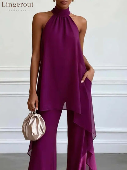Elegant Deep Purple Chiffon Halter Neck Two-Piece Wide-Leg Pants Set - Purple / S