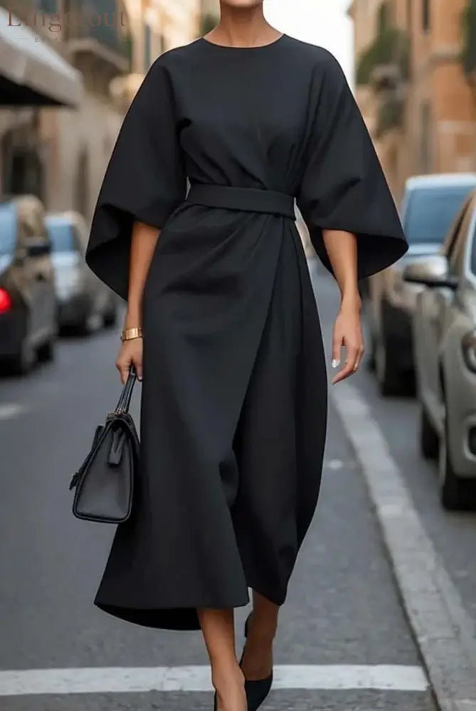 Elegant Dress with Lantern Sleeves - Black / S