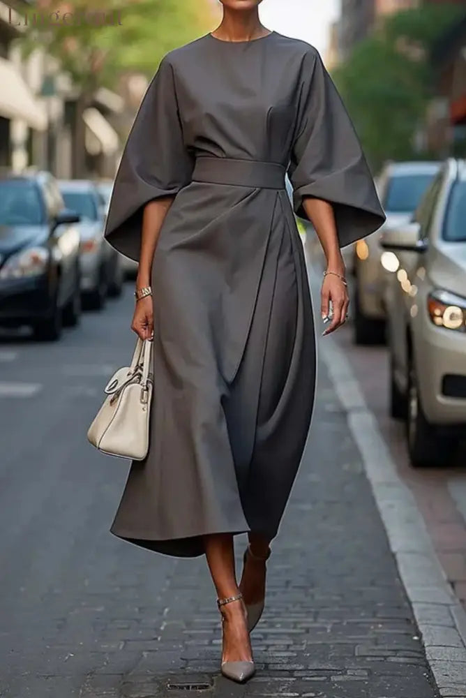 Elegant Dress with Lantern Sleeves - Gray / S