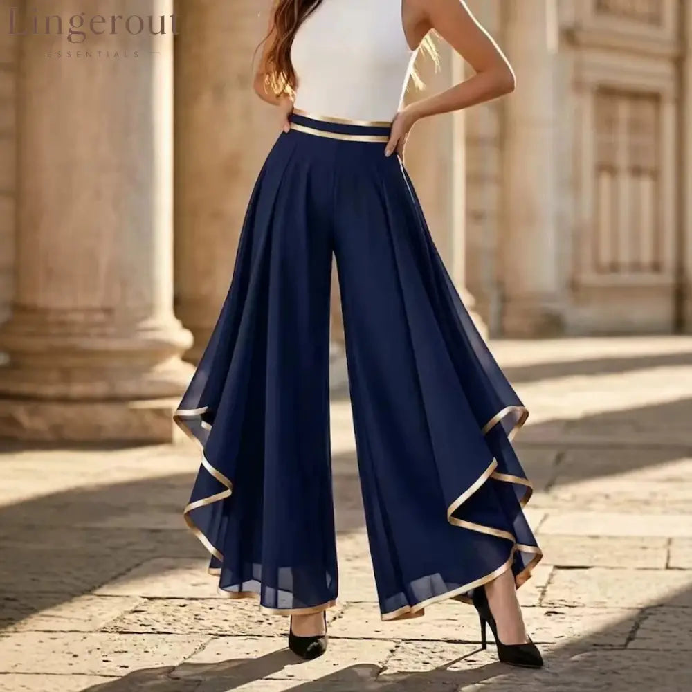 Elegant Gold Trim Wide Leg Chiffon Pants