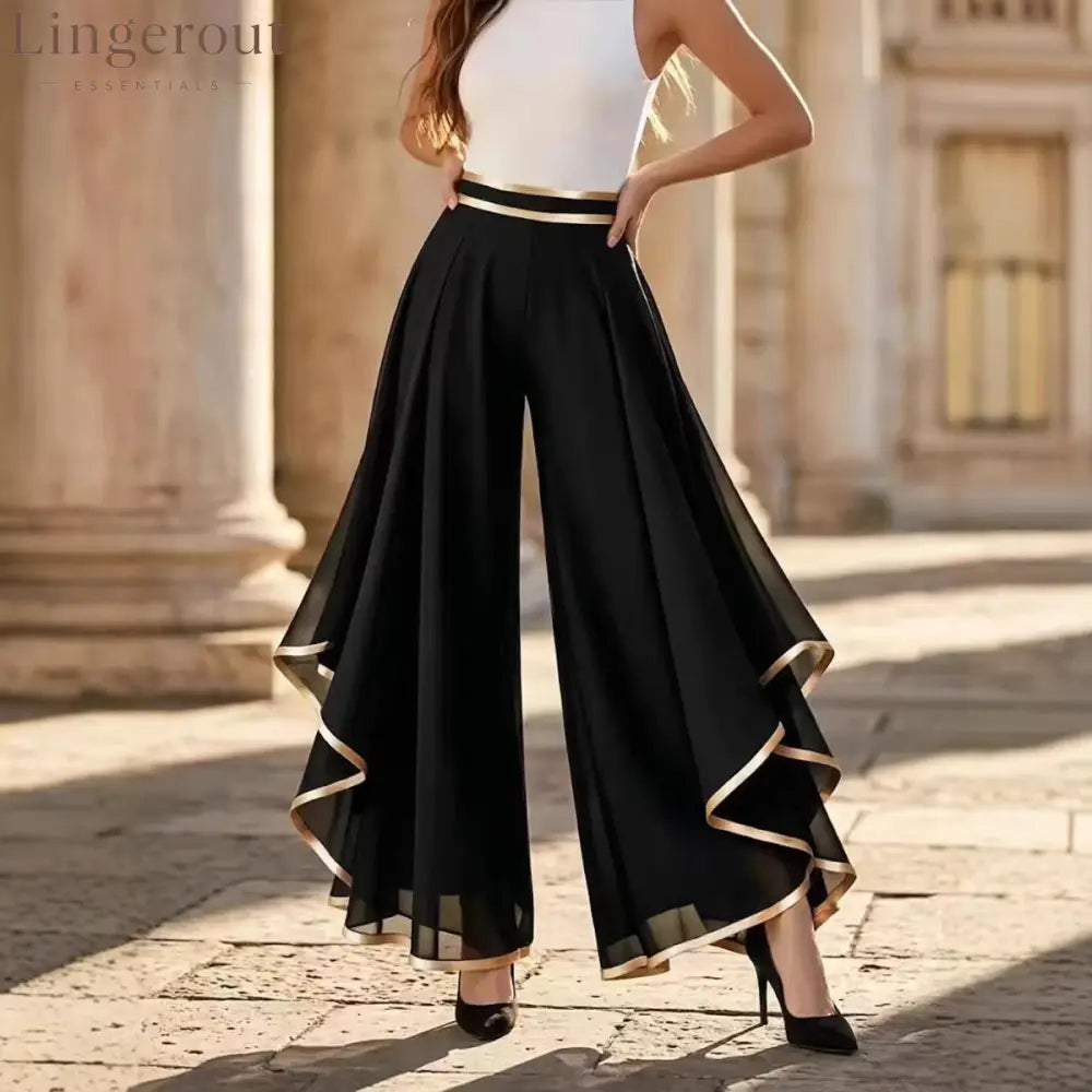 Elegant Gold Trim Wide Leg Chiffon Pants