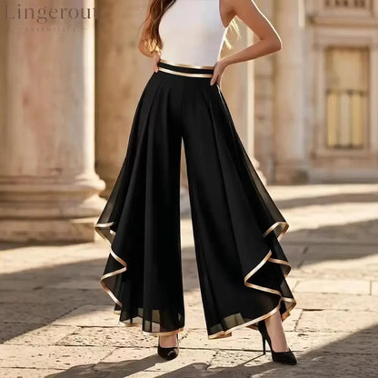 Elegant Gold Trim Wide Leg Chiffon Pants