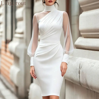 Elegant High-End Satin Mesh Splicing High-Neck Waist-Hugging Evening Dress