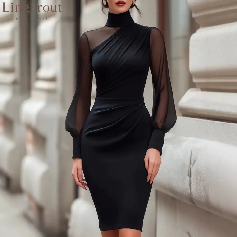 Elegant High-End Satin Mesh Splicing High-Neck Waist-Hugging Evening Dress