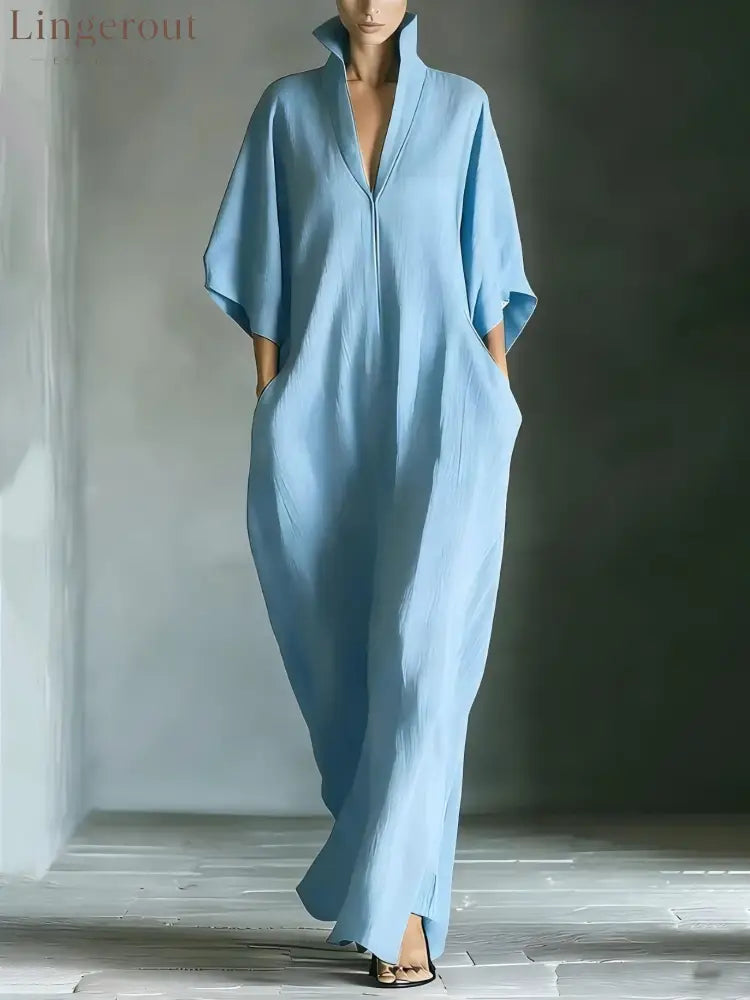 Elegant High-Neck Batwing Sleeve Maxi Dress - Blue / S