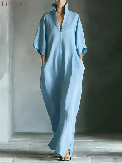 Elegant High-Neck Batwing Sleeve Maxi Dress - Blue / S