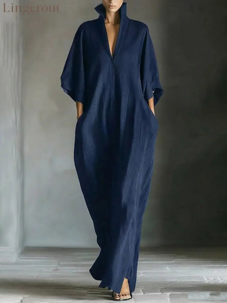 Elegant High-Neck Batwing Sleeve Maxi Dress - Dark Blue / S