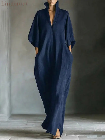 Elegant High-Neck Batwing Sleeve Maxi Dress - Dark Blue / S