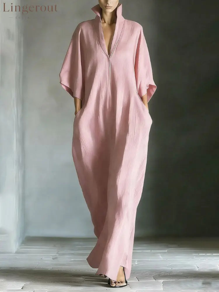 Elegant High-Neck Batwing Sleeve Maxi Dress - Pink / S