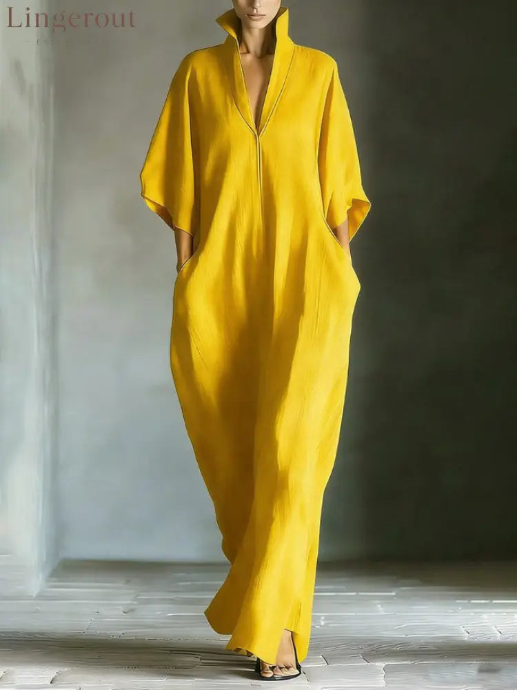 Elegant High-Neck Batwing Sleeve Maxi Dress - Yellow / S