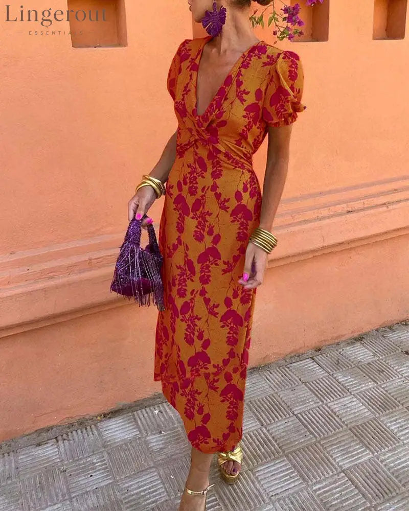 Elegant leaf print deep V puff sleeve A-line dress