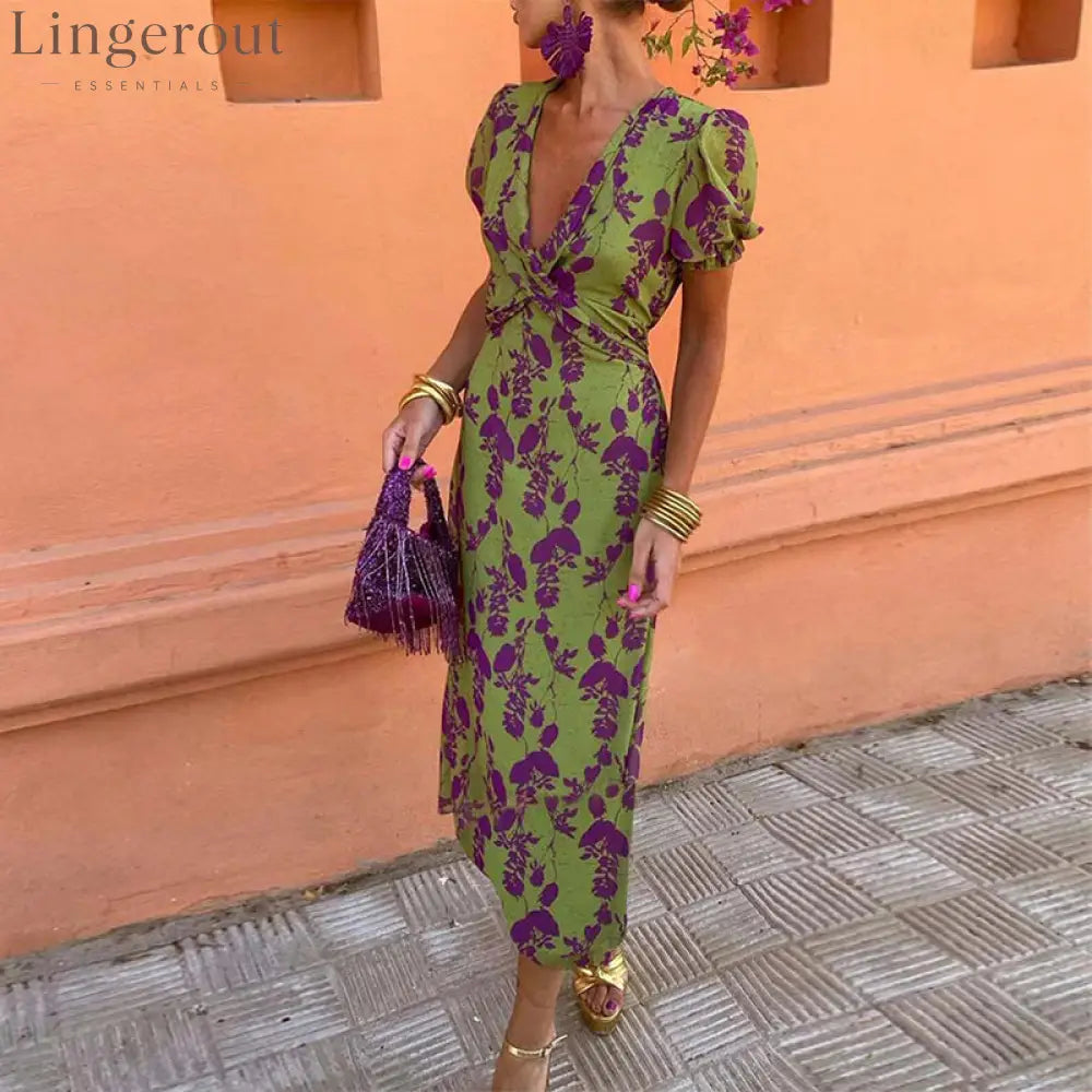 Elegant leaf print deep V puff sleeve A-line dress